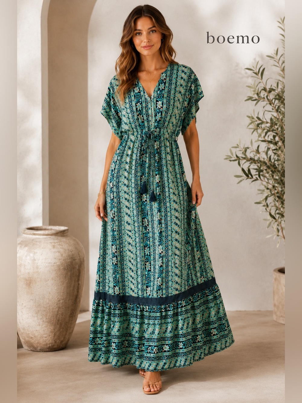 Boemo Boho Floral Border Print Midi Dress Women’s Medium Tassel Tie Resort